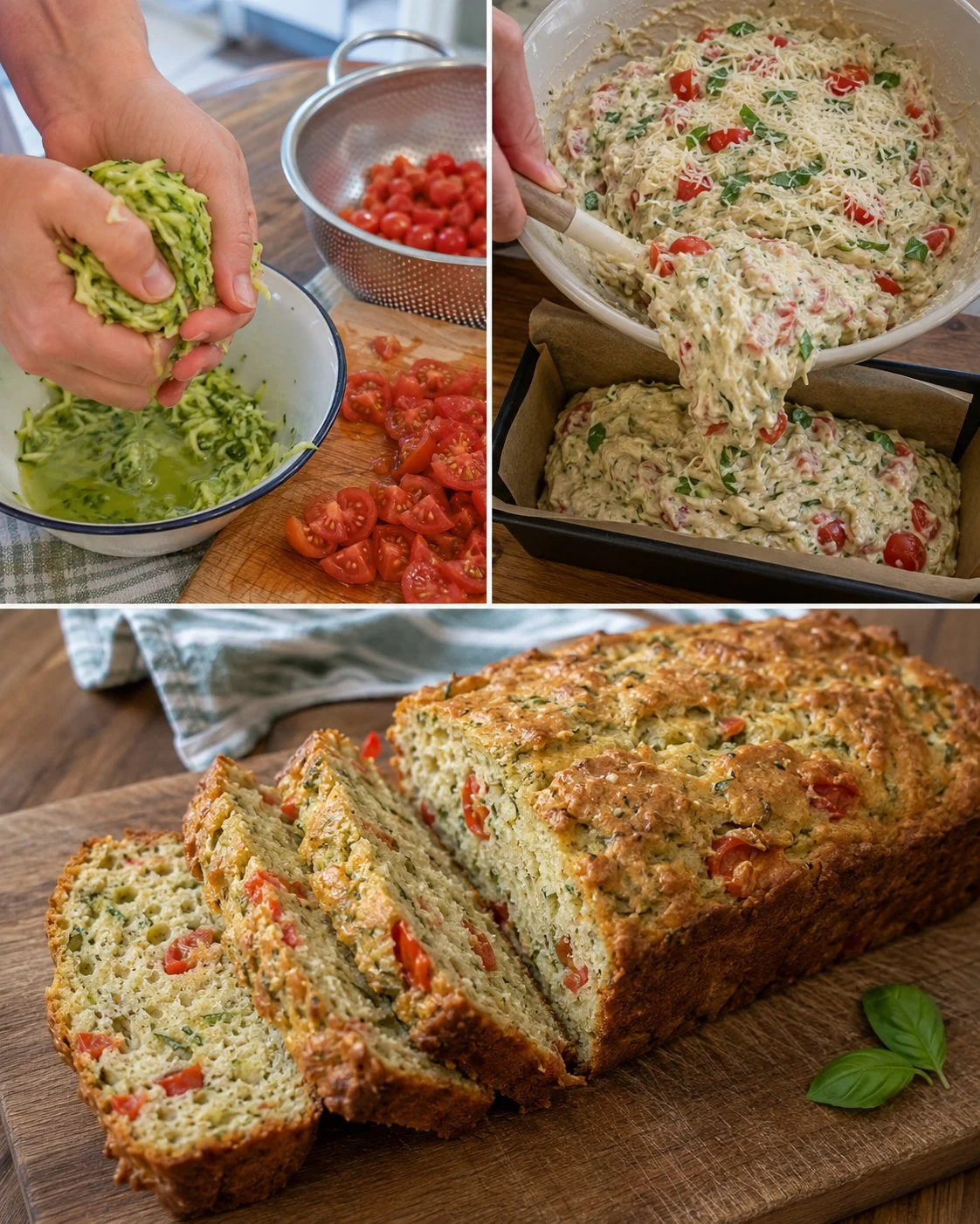 Zucchini-Basilikum-Brot mit Tomatenstückchen frisch aus dem Ofen