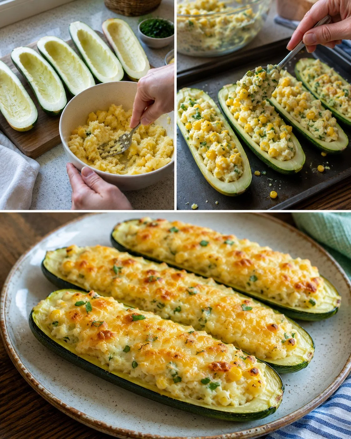 Zucchini-Boote gefüllt mit Kartoffel und Mais, serviert auf einem Teller.