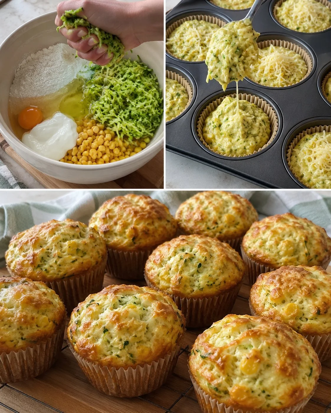 Zucchini-Brot-Muffins mit Mais und Käse auf einem rustikalen Holzbrett