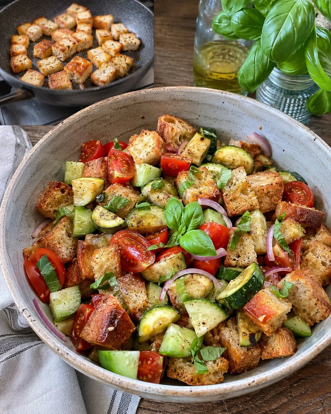 Zucchini-Brot-Salat mit Tomaten und Gurke, frisch zubereitet