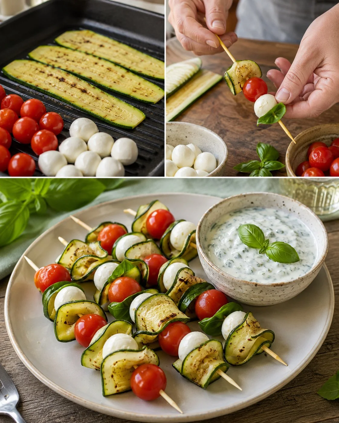 Zucchini Caprese Spieße mit Basilikum Dip auf einem Teller angerichtet