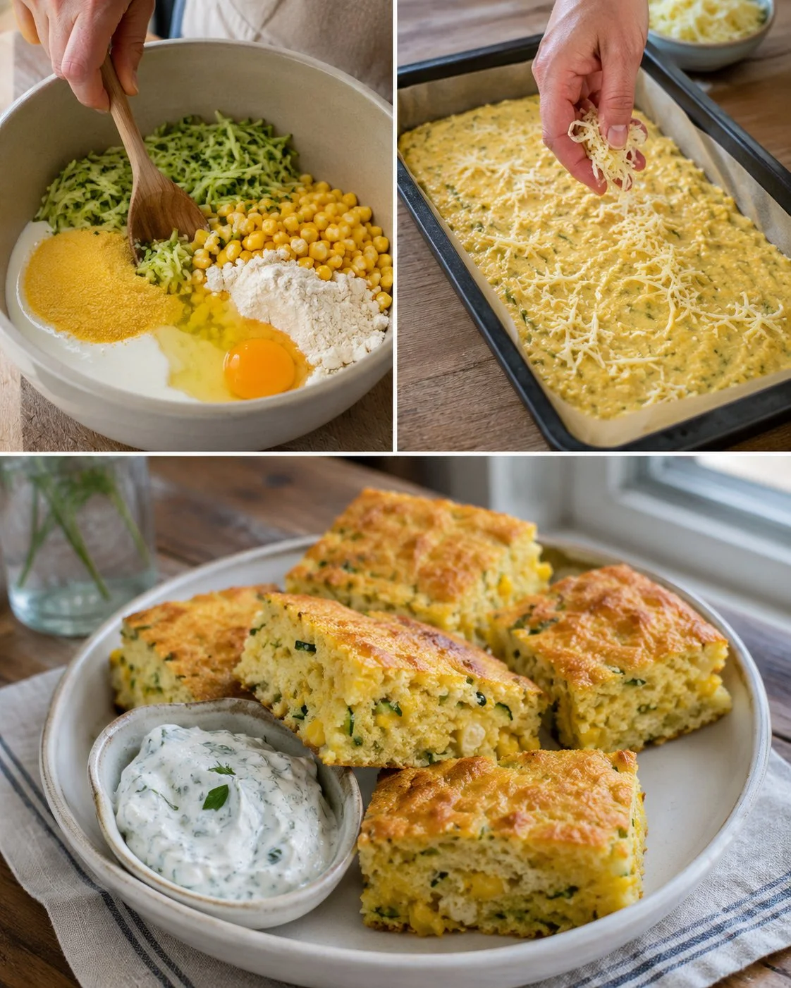 Köstliches Zucchini-Cornbread vom Blech mit Kräuterquark