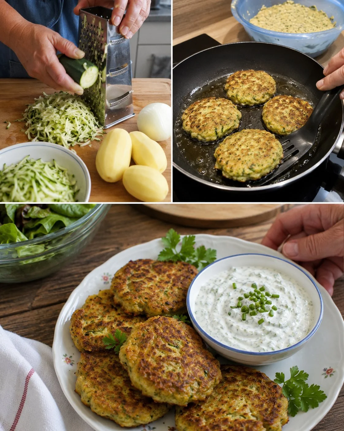 Zucchini-Erdäpfel-Laibchen serviert mit Kräuterjoghurt auf einem Teller