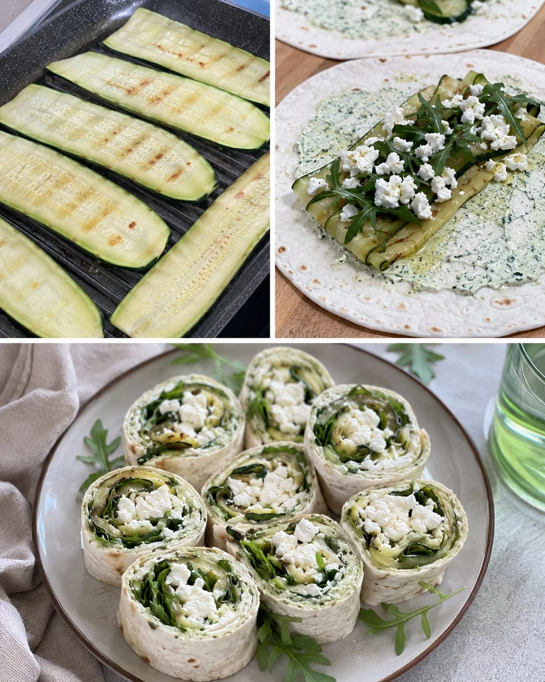 Zucchini-Feta-Wraps auf einem Teller, frisch zubereitet und servierfertig