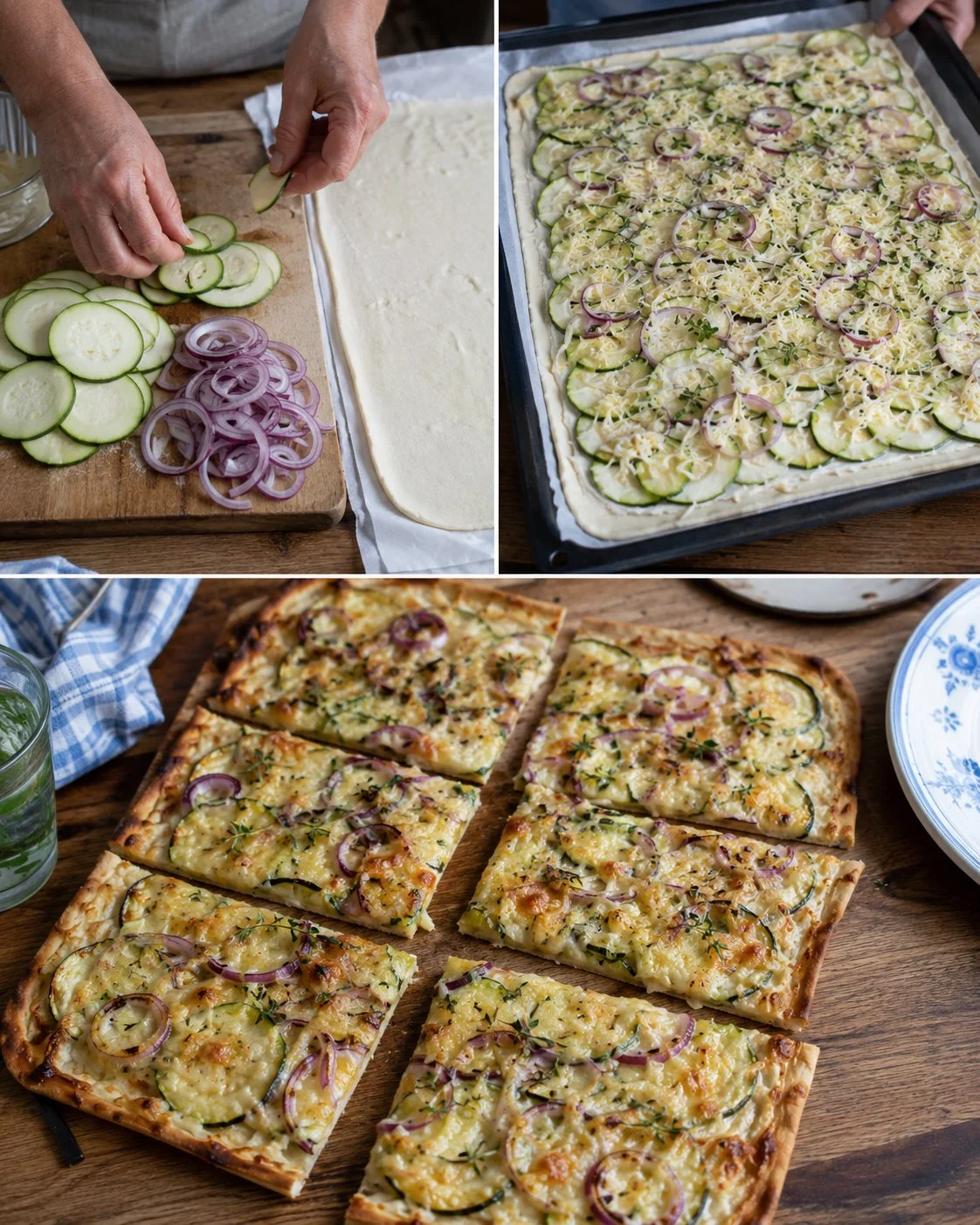 Zucchini-Flammkuchen auf dem Blech mit roten Zwiebeln, frisch aus dem Ofen
