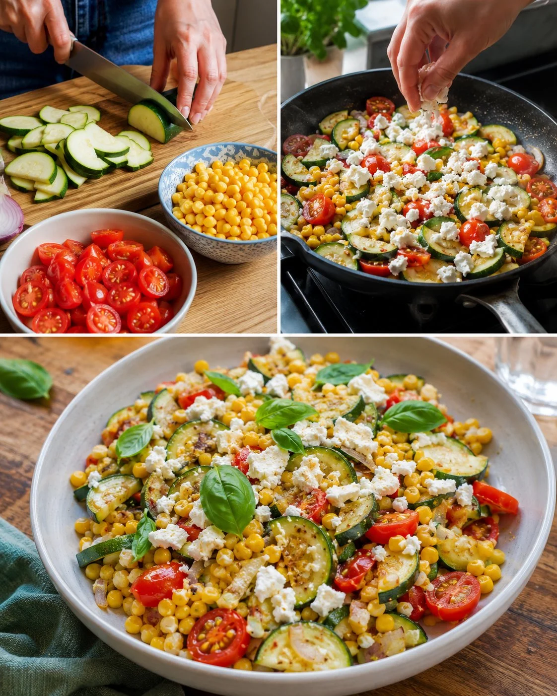 Leckeres Zucchini-Gericht aus der Pfanne mit Mais und Hirtenkäse