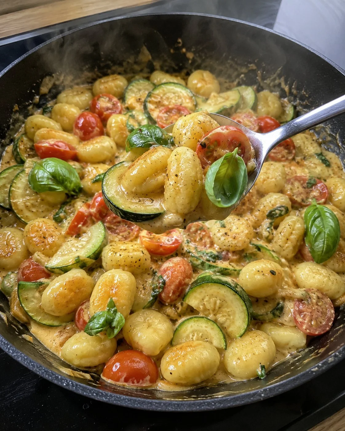 Zucchini-Gnocchi-Pfanne mit Tomaten und frischem Basilikum