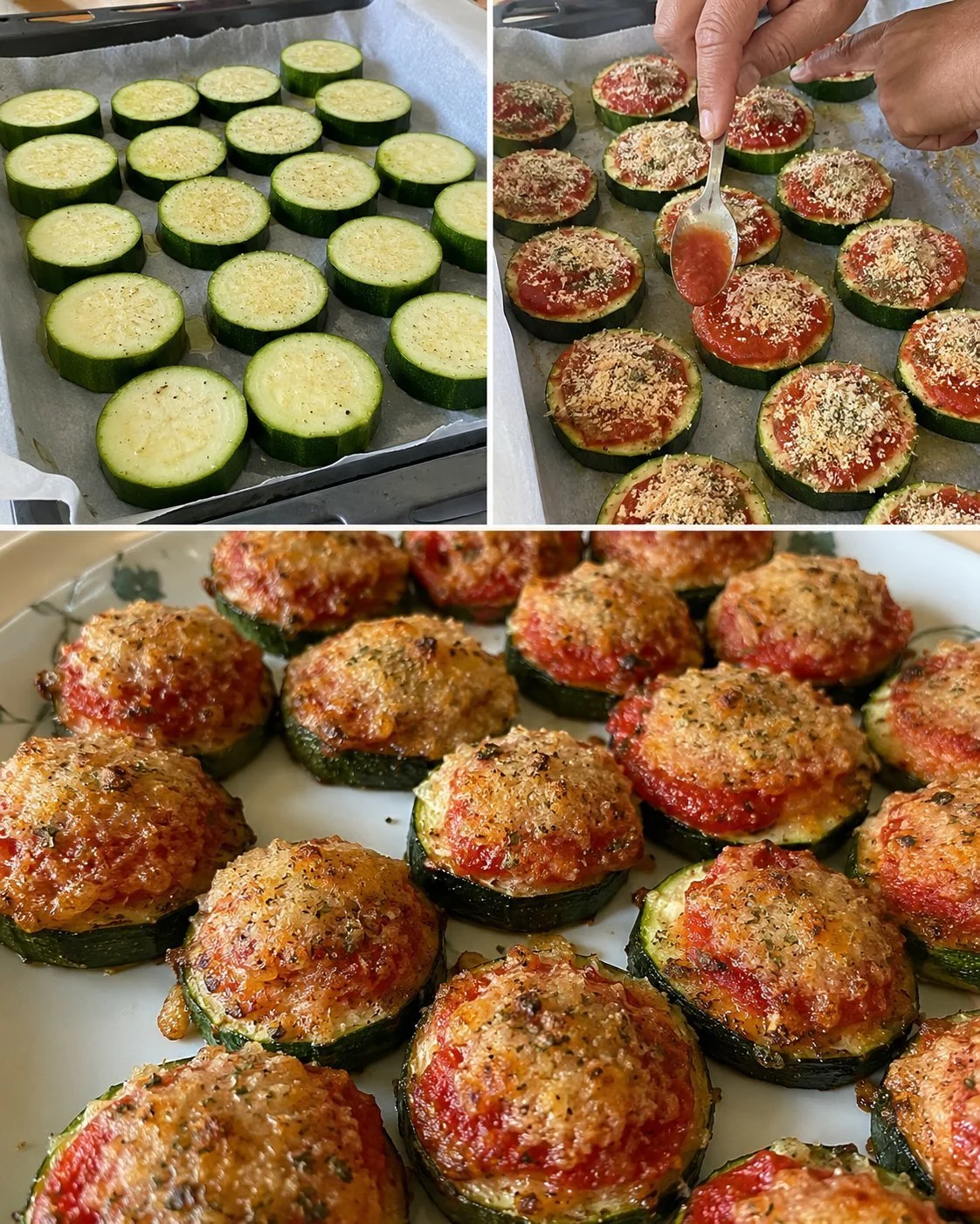 Zucchini gratiniert mit Tomatencreme auf einem Teller serviert