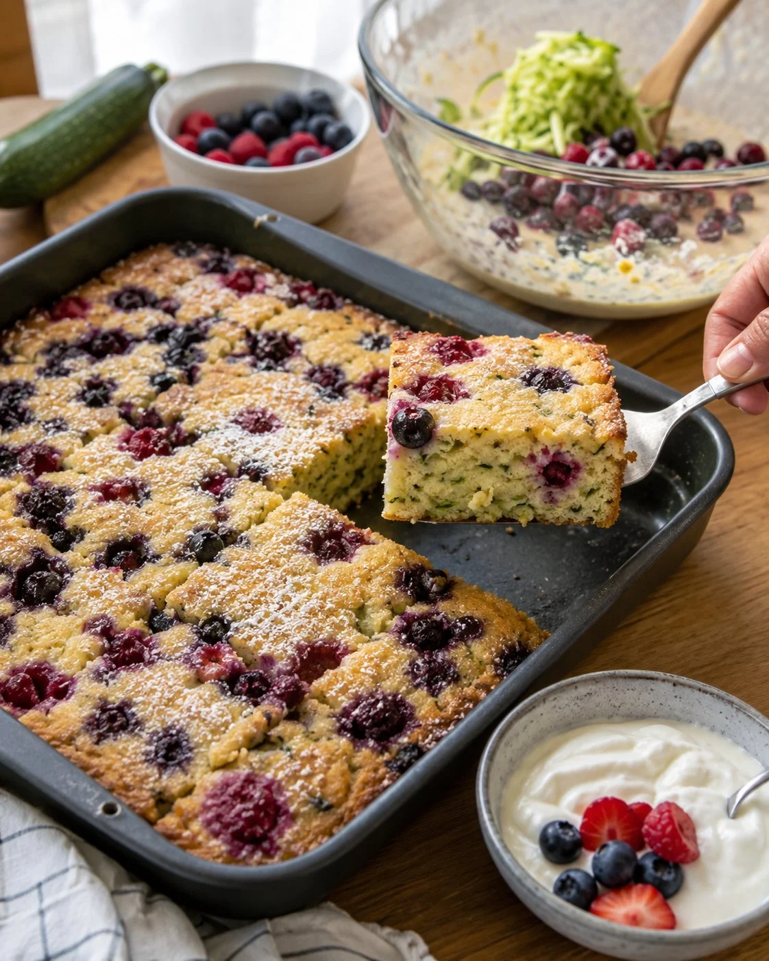 Zucchini-Grießkuchen mit Beeren und Joghurt auf einem weißen Teller