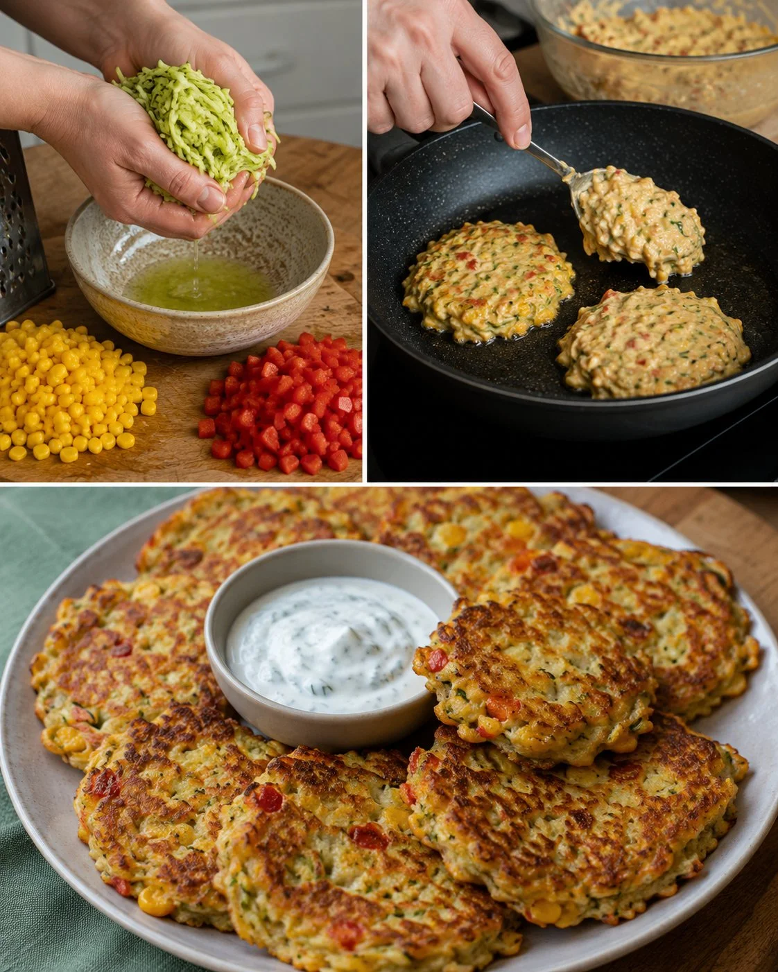 Zucchini-Hafer-Puffer mit frischem Mais und Paprika auf einem Teller