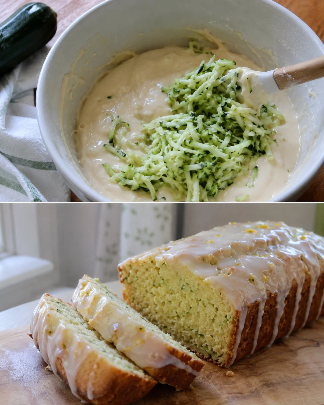 Zucchini-Joghurt-Kuchen mit Zitronenguss auf einem Teller