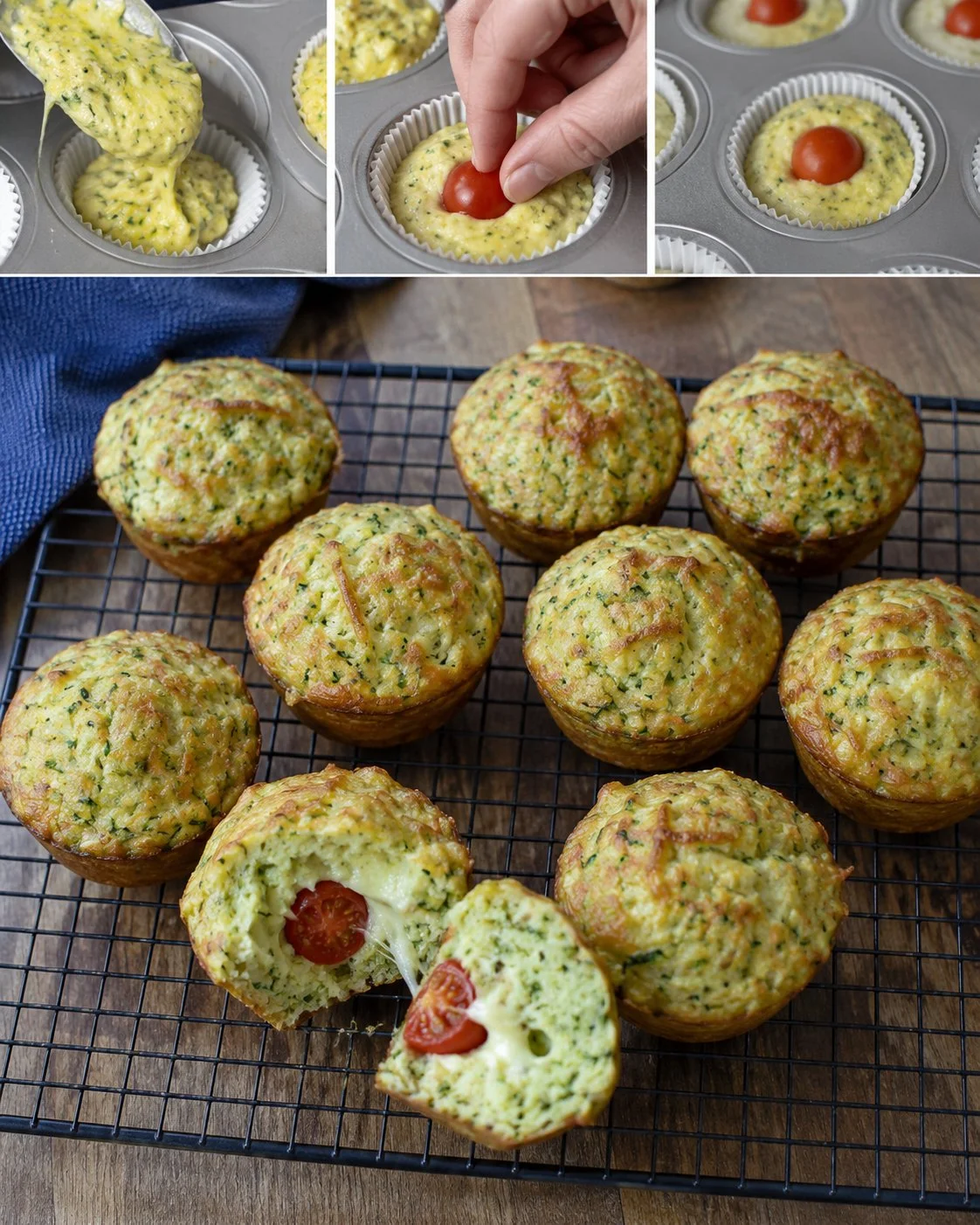 Zucchini-Käse-Muffins mit Tomatenkern auf einem Tisch angerichtet