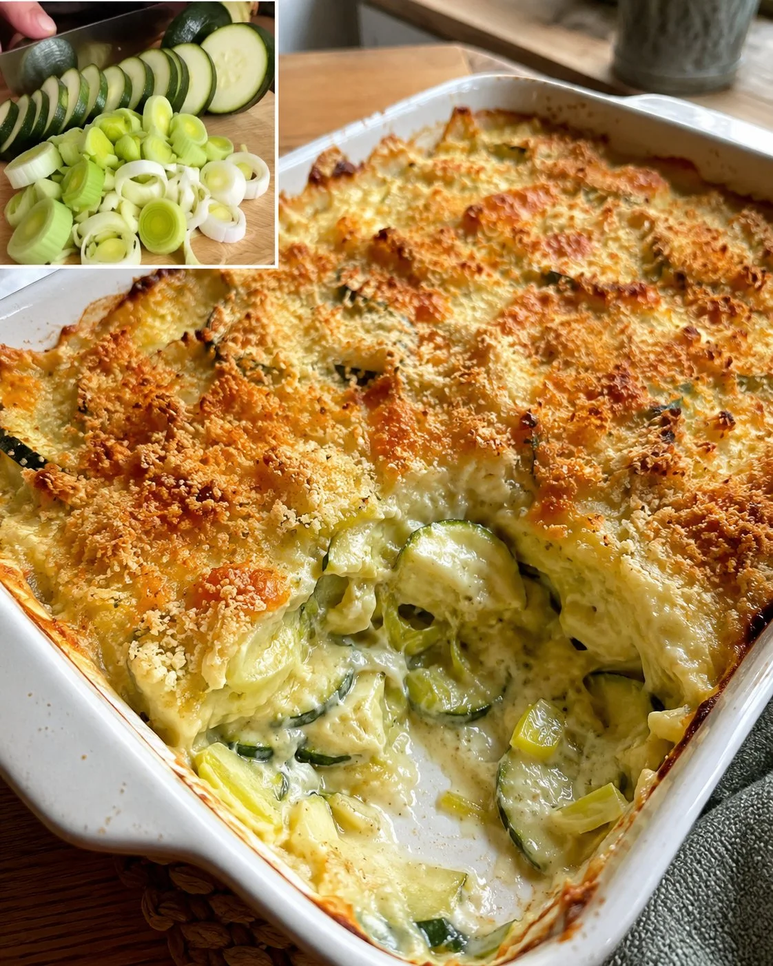 Zucchini-Lauch-Auflauf mit knusprigen Bröseln aus frischen Zutaten