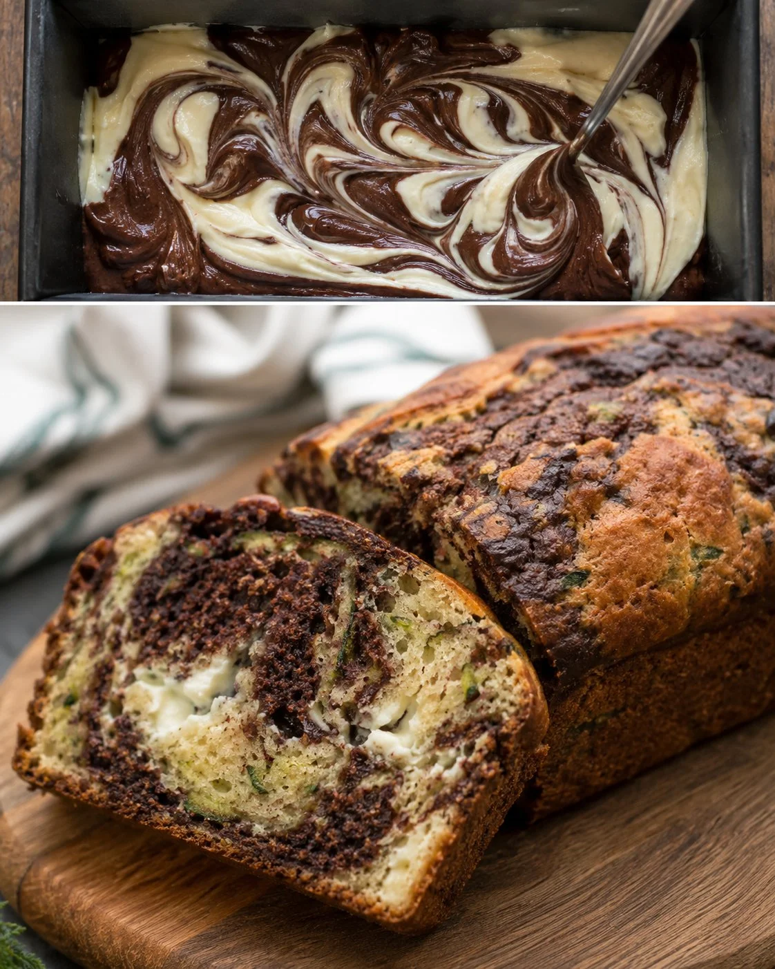 Zucchini-Marmorkuchen mit Frischkäseklecks auf einem dekorativen Teller