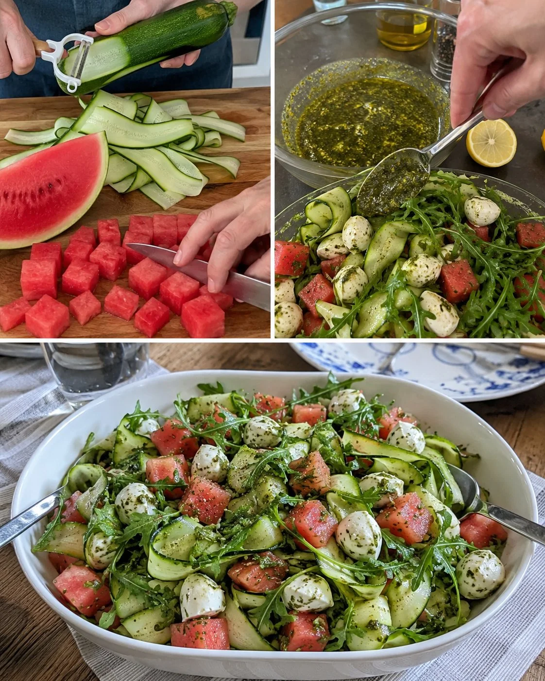 Zucchini-Melonen-Bandnudelsalat mit frischem Basilikum serviert