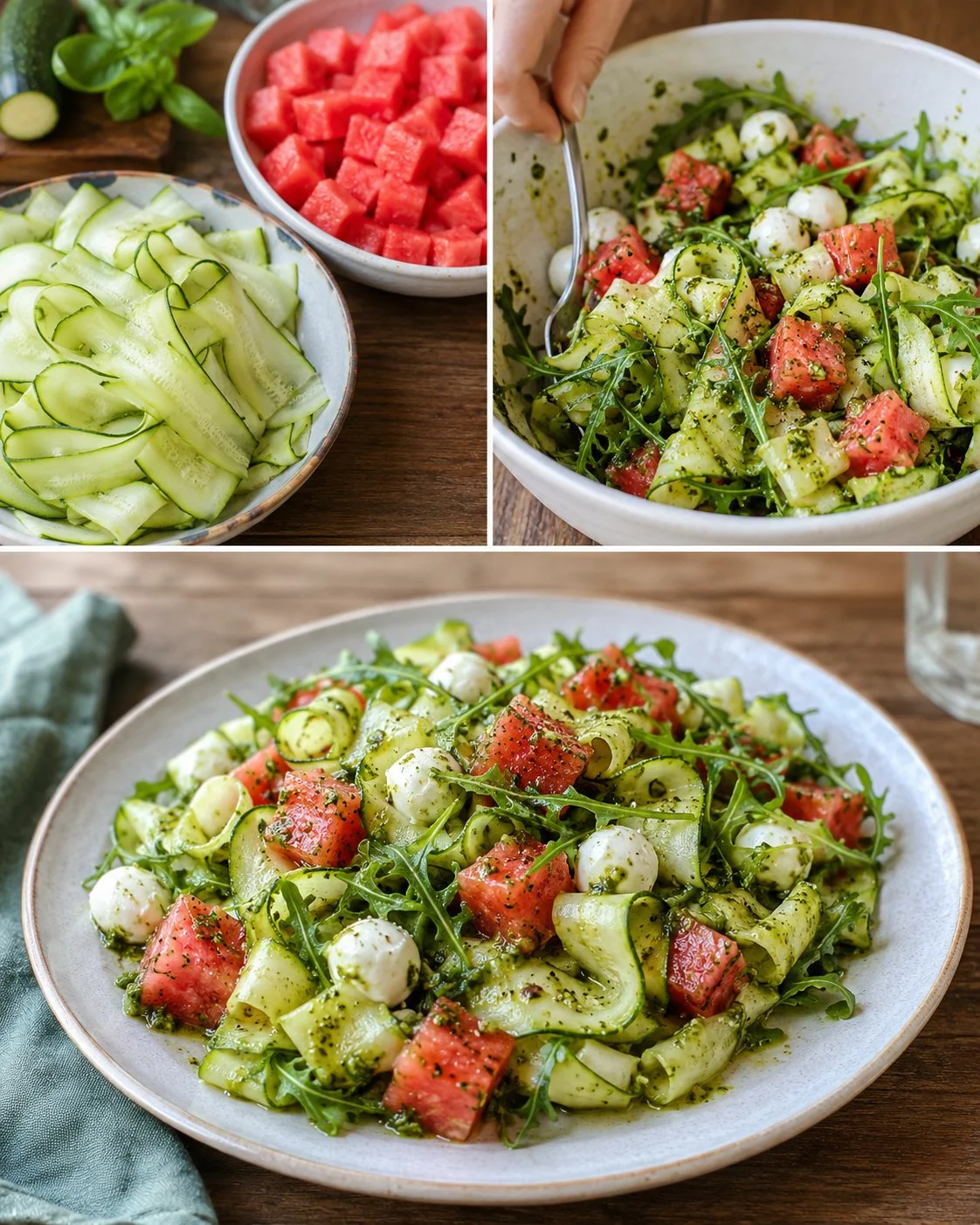 Zucchini-Melonen-Salat mit Basilikum-Pesto auf einem Teller angerichtet
