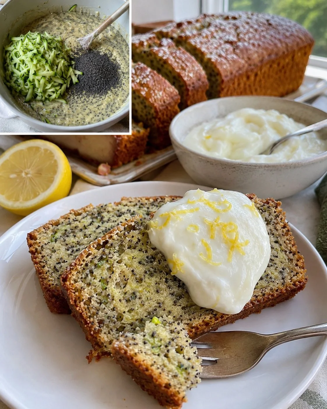 Zucchini-Mohn-Kuchen mit Zitronenquark auf einem Teller