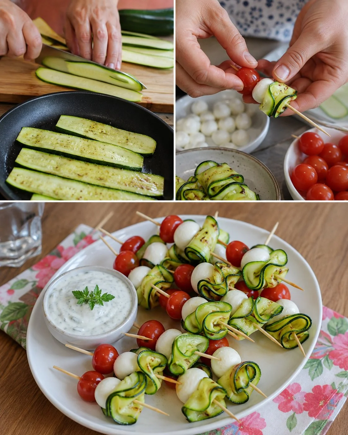 Zucchini-Mozzarella-Spieße mit Kräuterdip auf einem Teller
