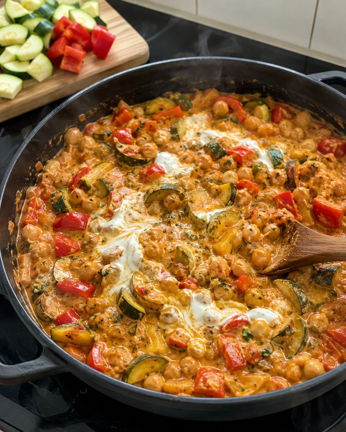 Zucchini-Paprika-Pfanne mit Kichererbsen und Schmand auf einem Teller serviert.