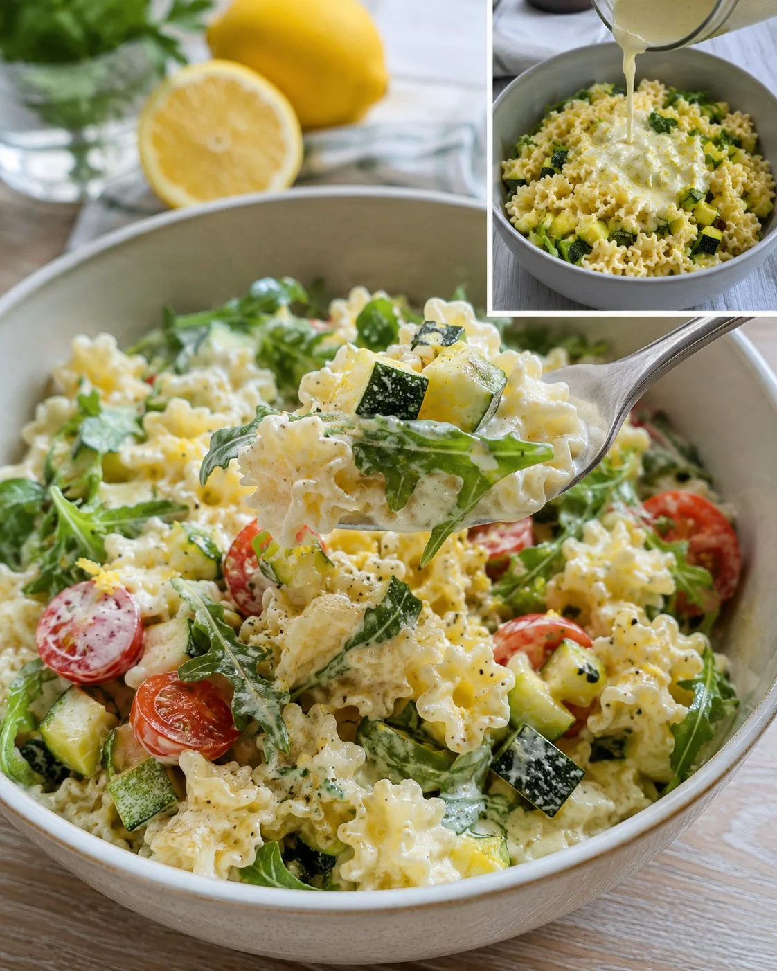 Zucchini-Pasta-Salat mit Rucola und Zitronencreme auf einem Teller angerichtet.