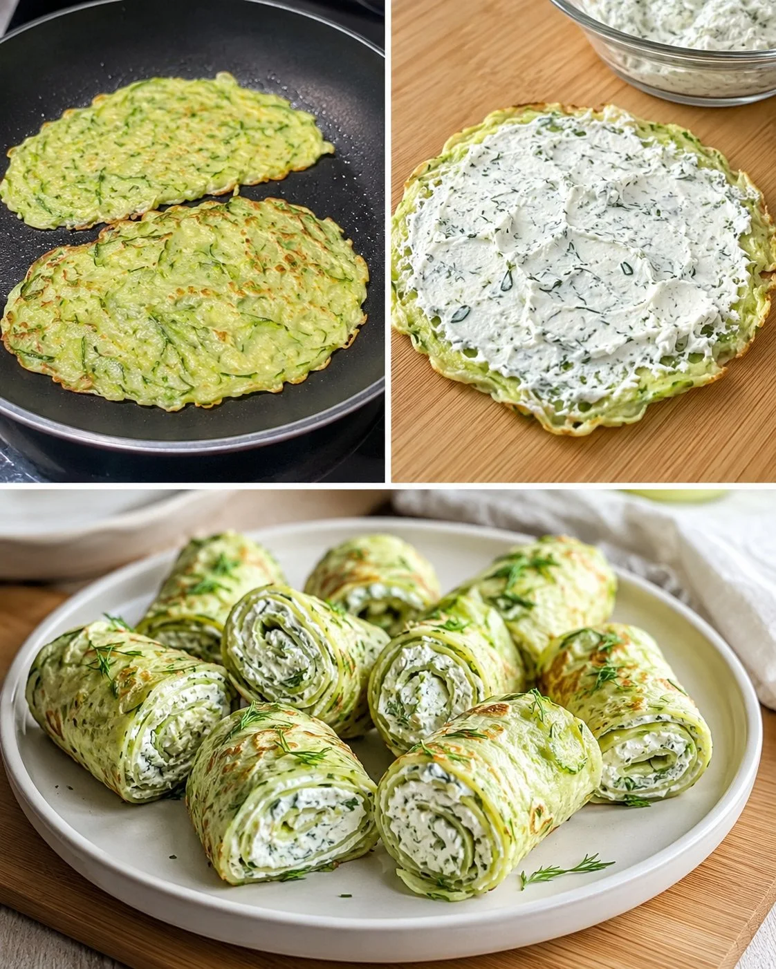 Zucchini-Röllchen gefüllt mit Frischkäse und zarten Pfannkuchen