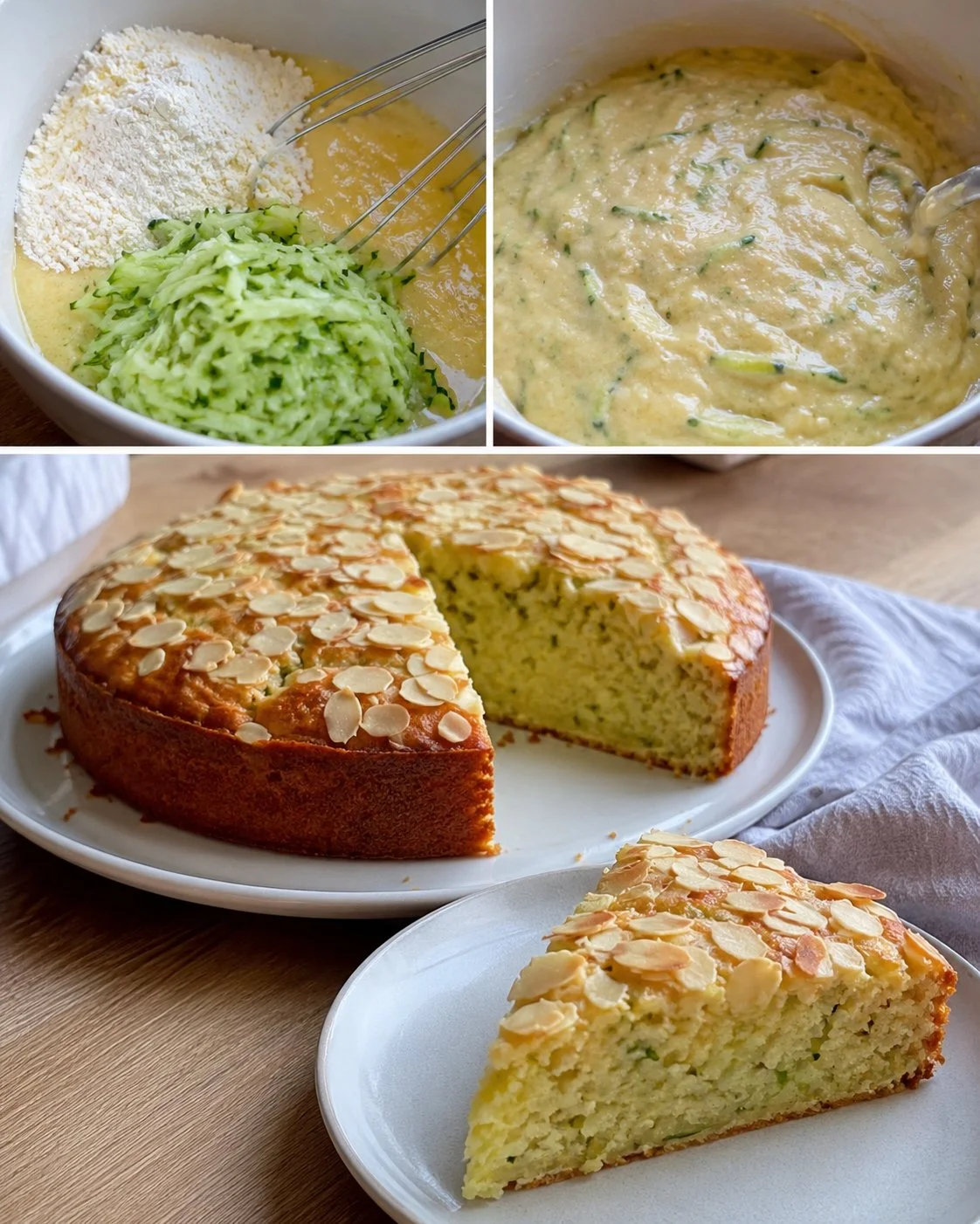 Zucchini-Puddingkuchen mit Vanille und Mandeln auf einem dekorativen Teller