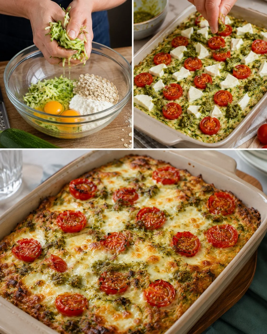 Zucchini-Puffer-Auflauf mit frischen Tomaten und geschmolzenem Mozzarella