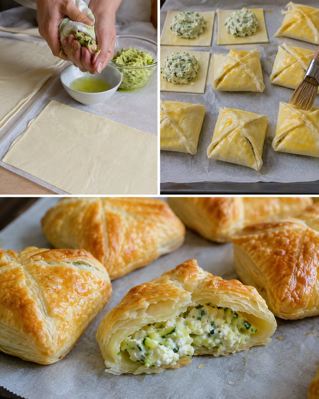 Zucchini-Ricotta-Päckchen aus Blätterteig auf einem Teller angerichtet.
