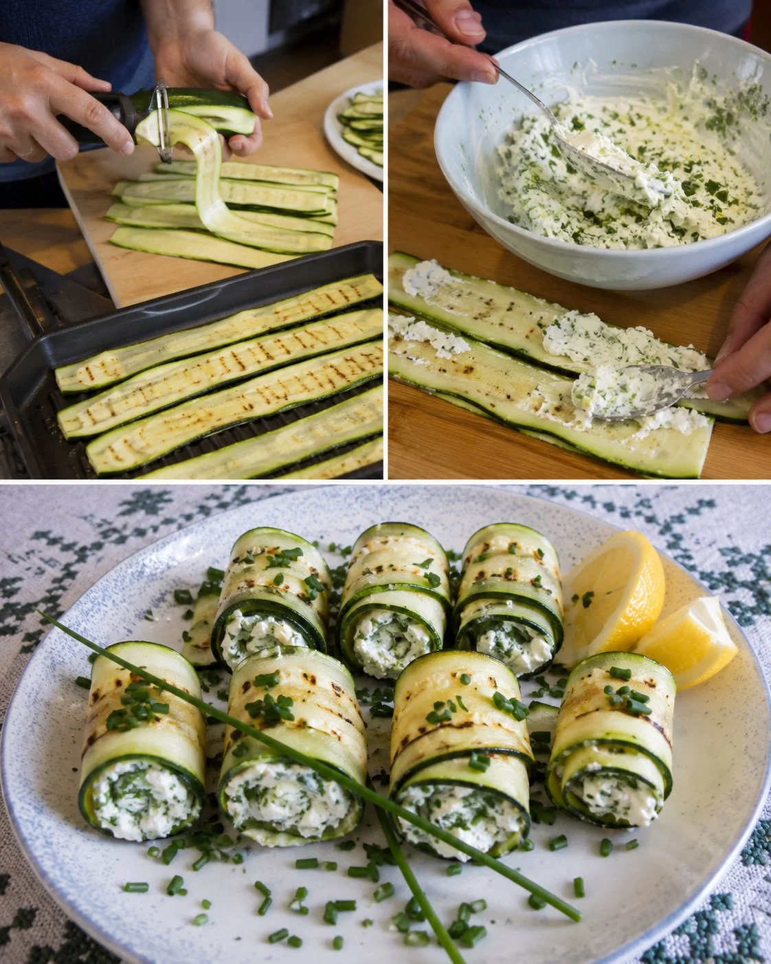 Zucchini-Röllchen mit Topfen-Kräuter-Füllung auf einem Teller serviert