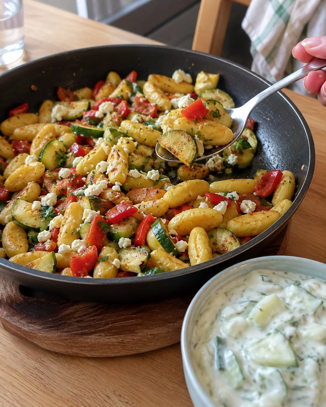 Zucchini-Schupfnudel-Pfanne mit frischem Gurken-Joghurt serviert