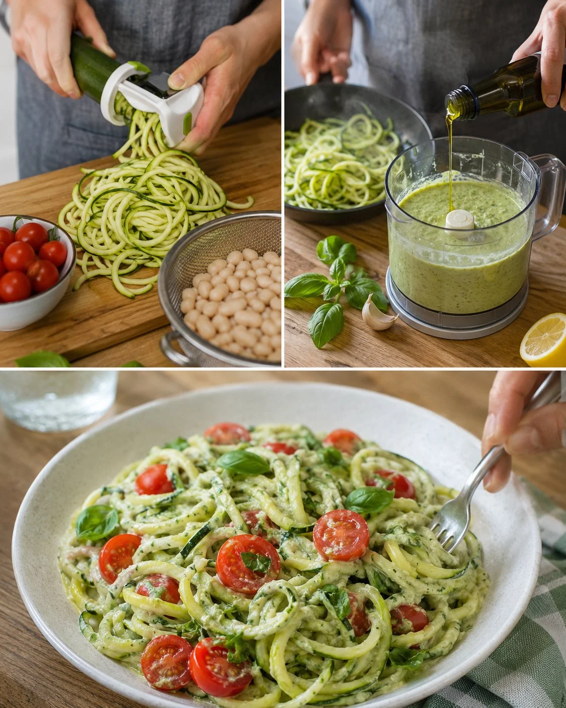 Zucchini-Spaghetti mit Basilikum-Bohnen-Sauce auf einem Teller serviert