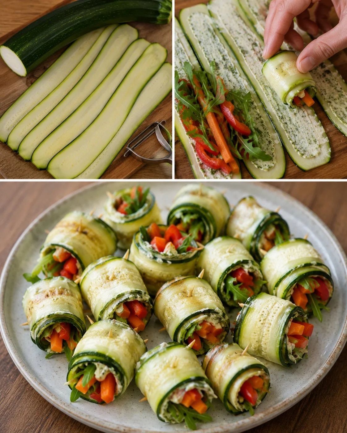 Zucchini-Sushi-Happen gefüllt mit Frischkäse auf einem Teller