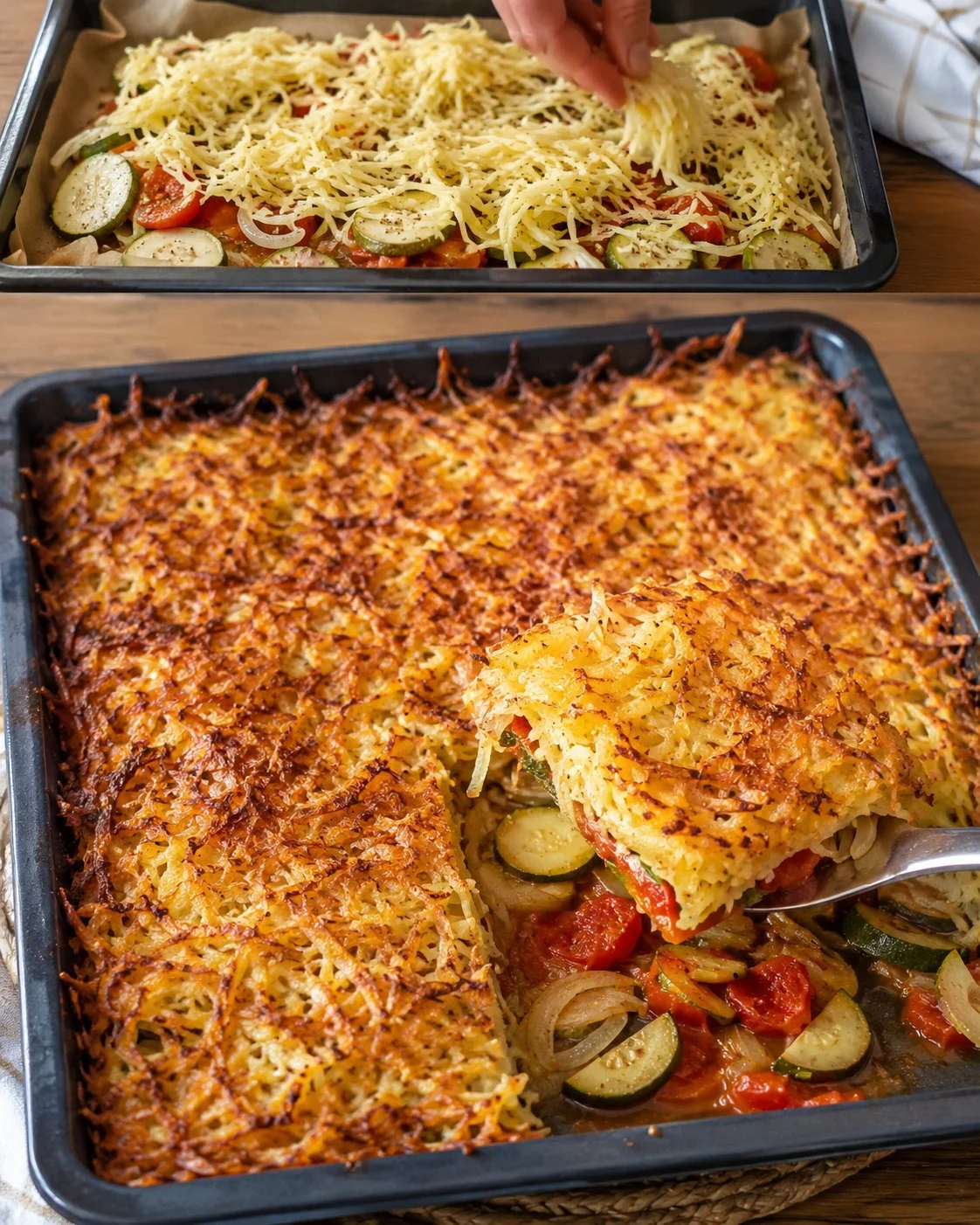 Zucchini-Tomaten-Blech mit goldbrauner Kartoffelkruste auf einem Blech