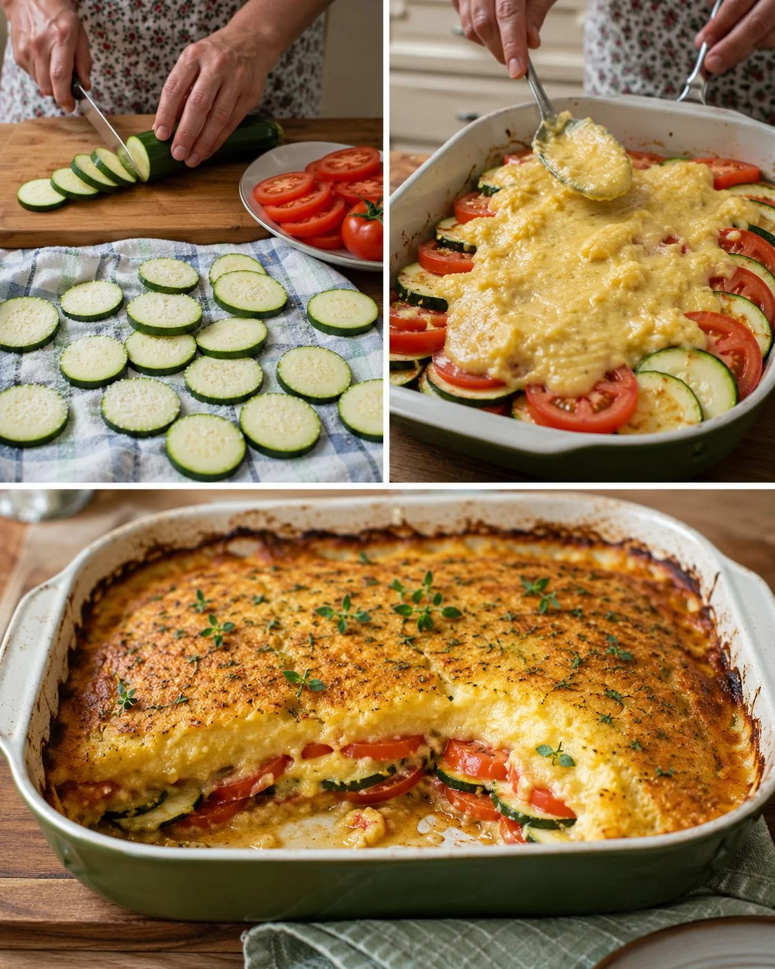Zucchini-Tomaten-Gratin mit knuspriger Polenta-Kruste auf einem Teller