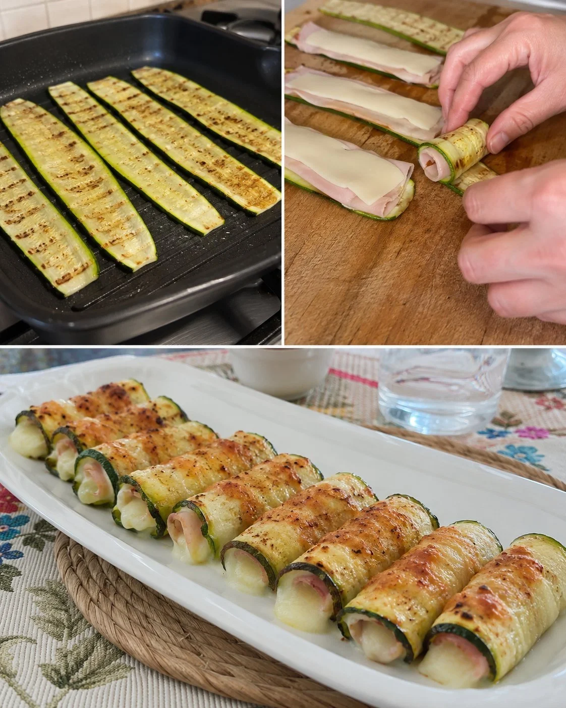 Zucchini Rollen mit Truthahn-Schinken auf einem Teller angerichtet