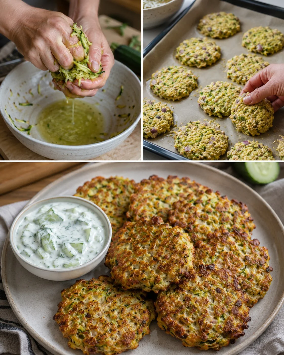 Zucchinipuffer aus dem Ofen mit Gurken-Dip auf einem Teller serviert.