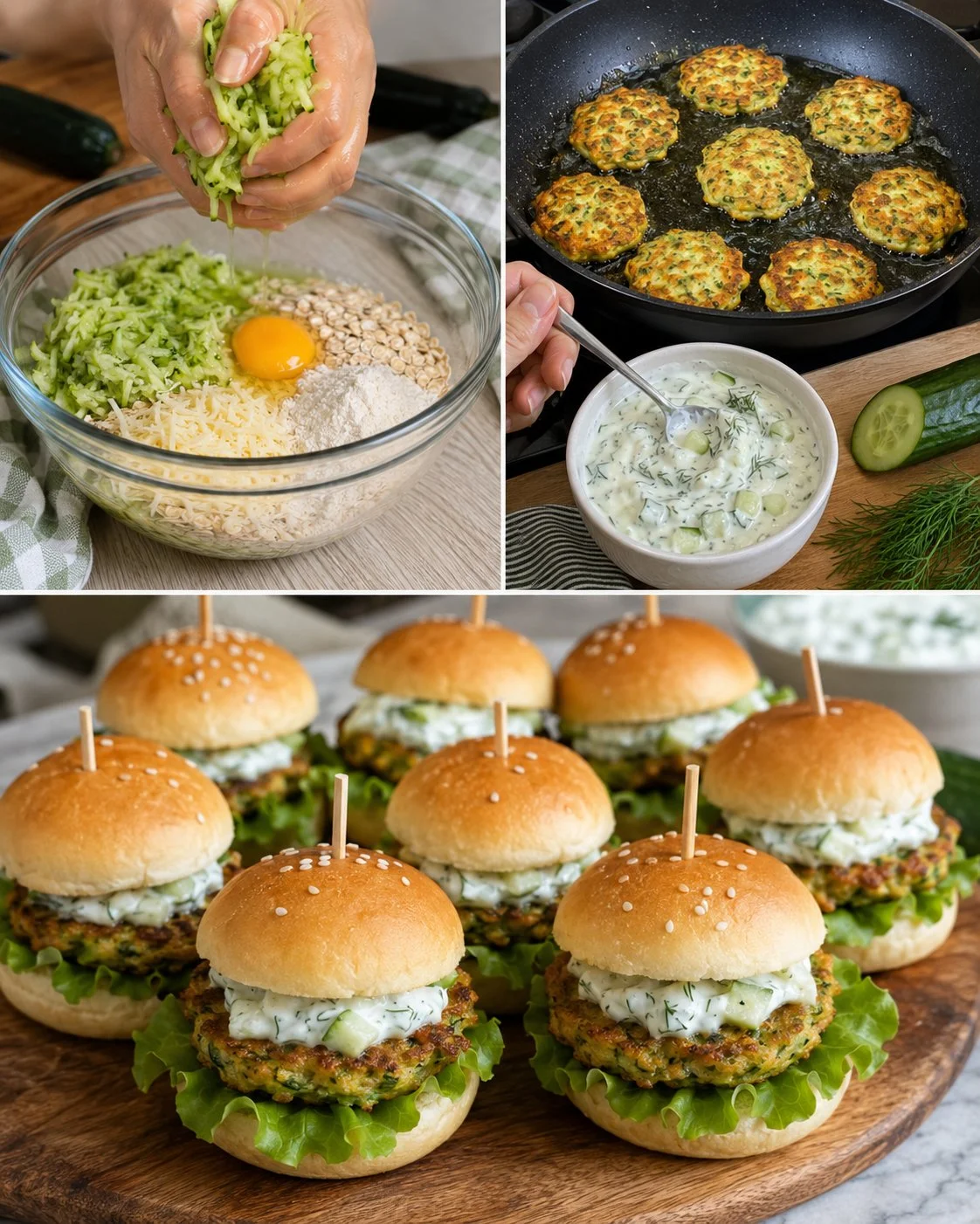 Zucchinipuffer-Burger mit Gurkencreme auf einem Teller