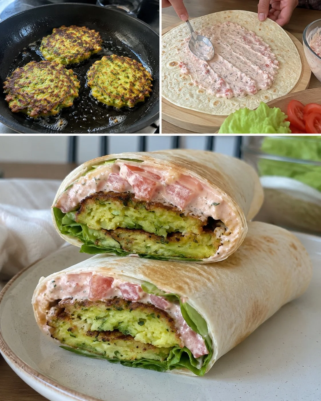 Zucchinipuffer-Wraps mit Tomatenquark auf einem Teller serviert
