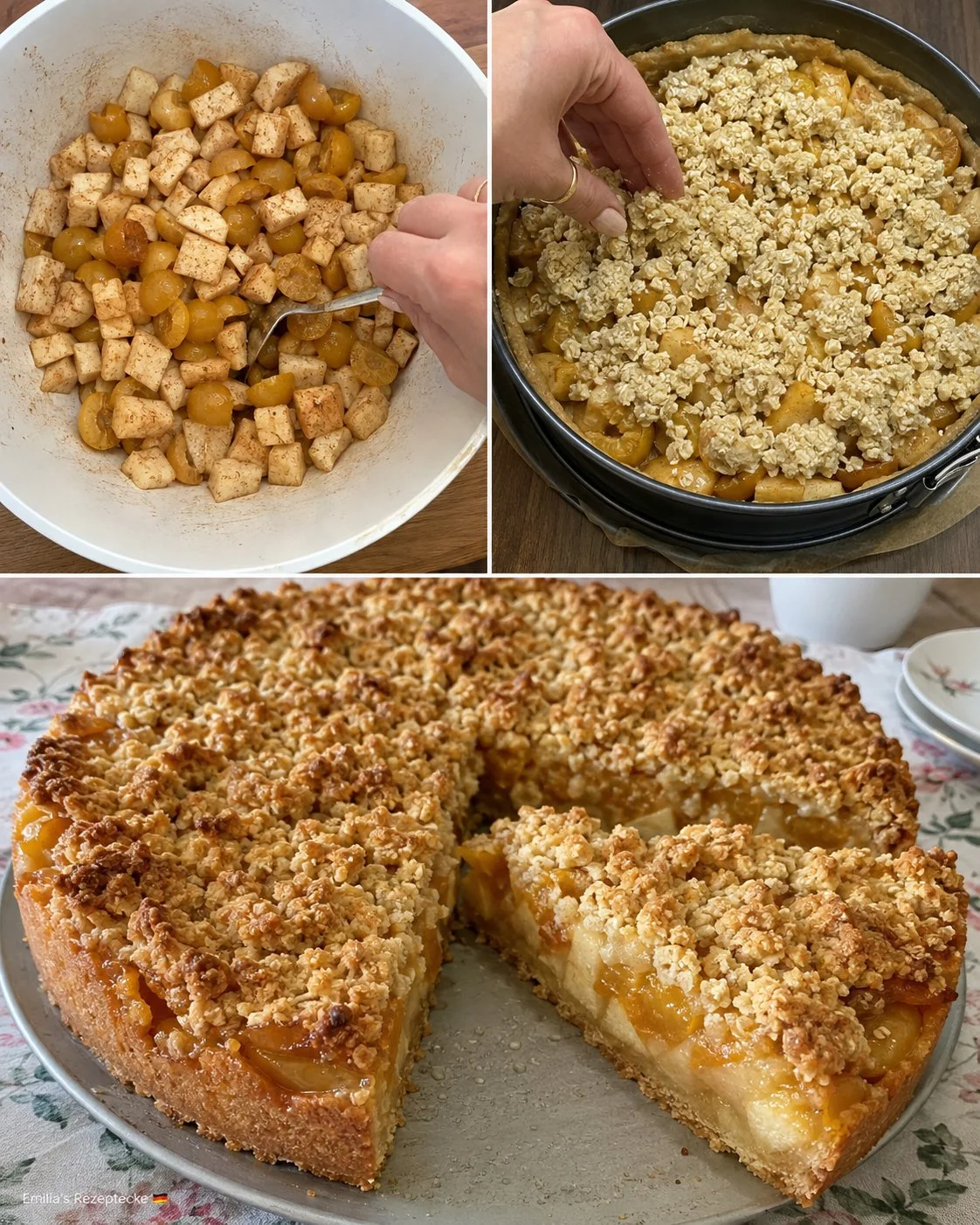 Apfel-Mirabellen-Crumble-Kuchen mit knusprigem Belag auf einem Tisch