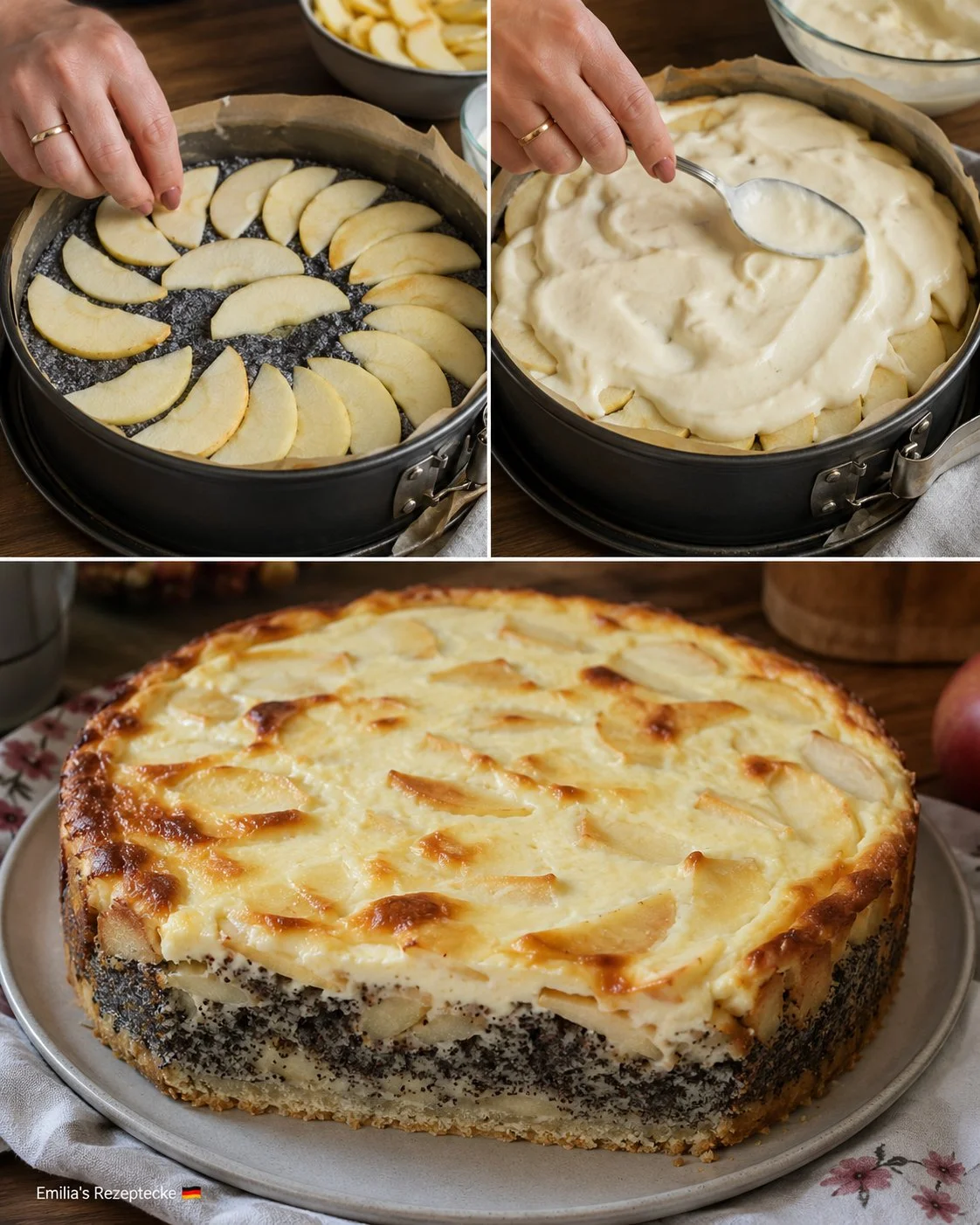 Apfel-Mohn-Schmand-Kuchen auf einem Teller mit frischen Äpfeln