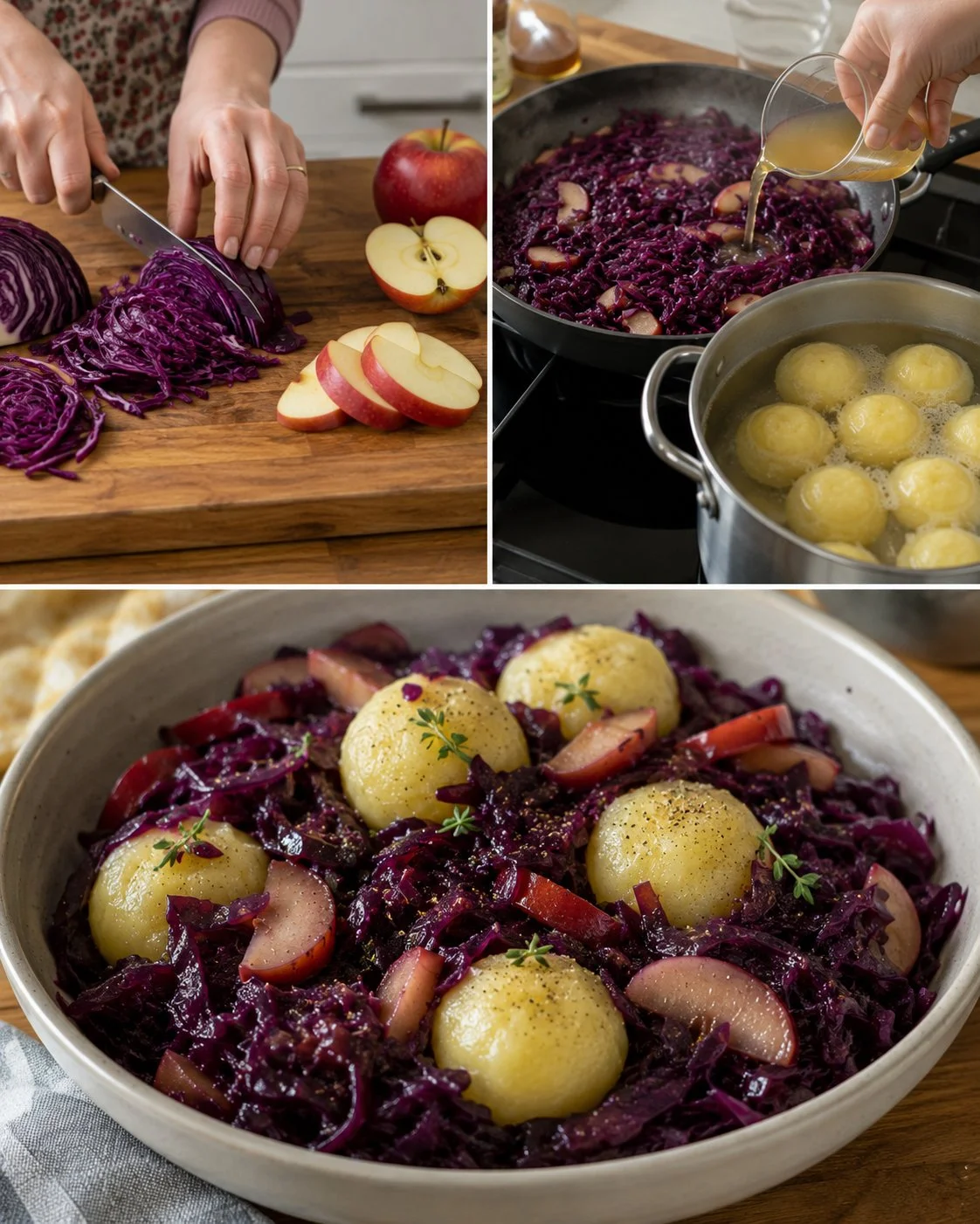 Apfel-Rotkohl-Pfanne mit Kartoffelklößchen serviert auf einem Teller