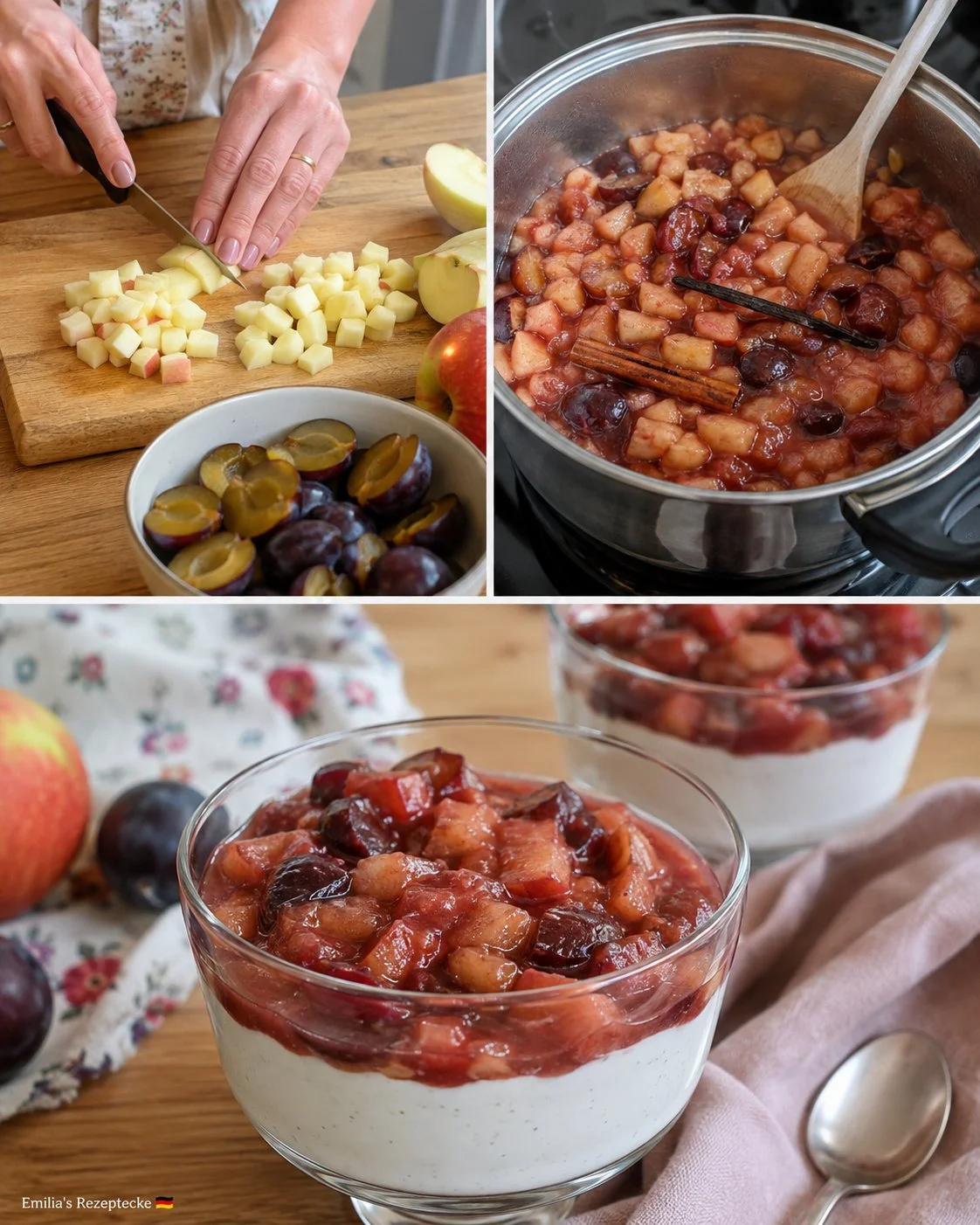 Apfel-Zwetschgen-Kompott mit Vanillequark serviert in einer Schüssel
