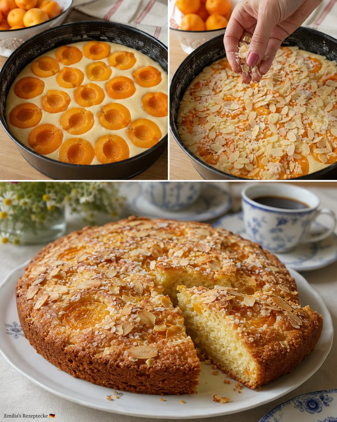 Saftiger Aprikosen-Mandel-Kaffeekuchen auf einem Teller