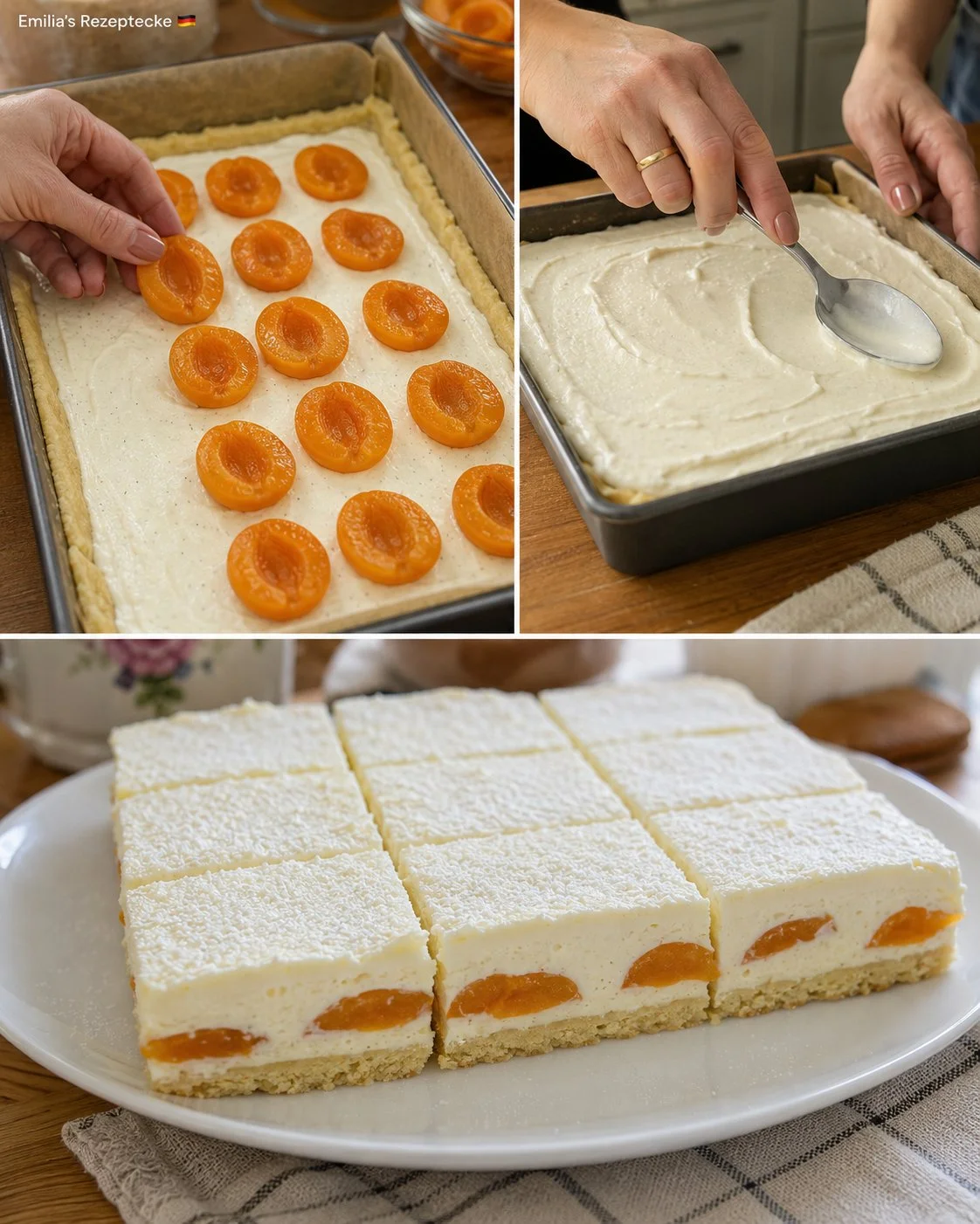 Aprikosen-Vanille-Quark-Schnitten erfreuen mit fruchtigem Geschmack und cremiger Textur.