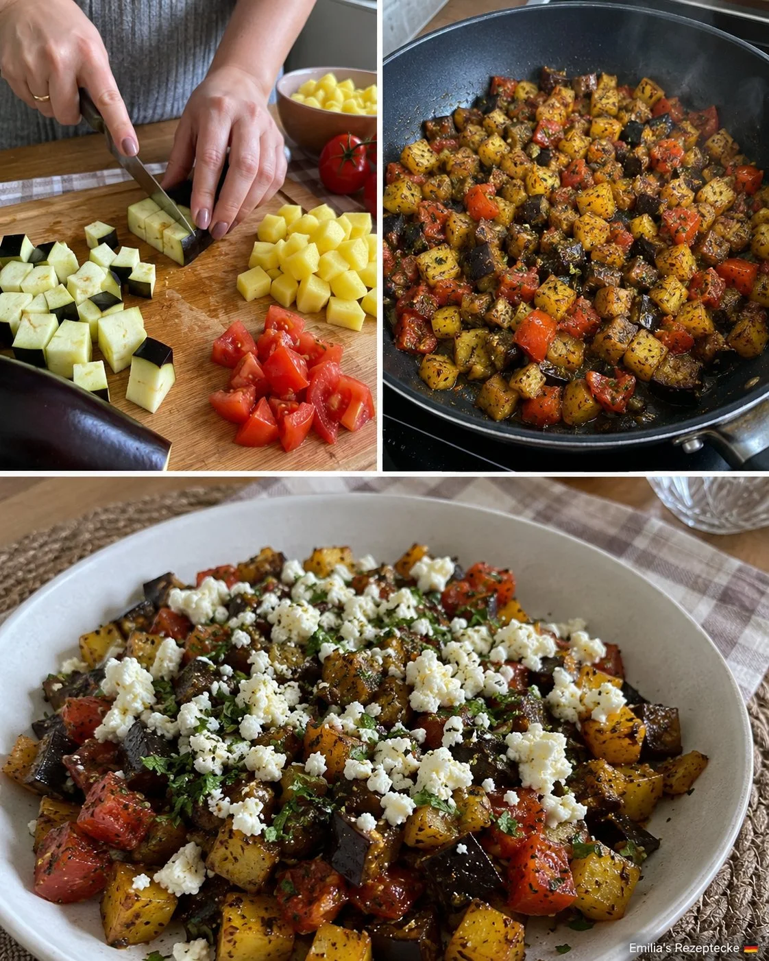 Auberginen-Tomaten-Pfanne mit Kartoffelwürfeln auf einem Teller angerichtet.