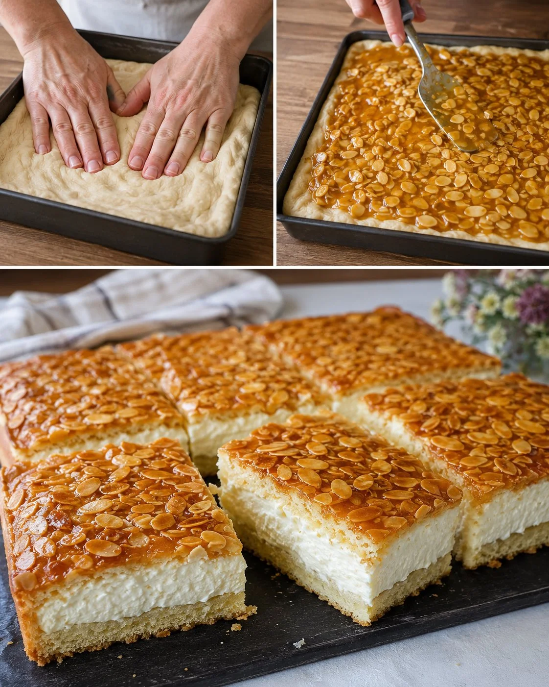 Bienenstich-Blechkuchen mit Vanille-Quarkcreme auf einem dekorativen Teller