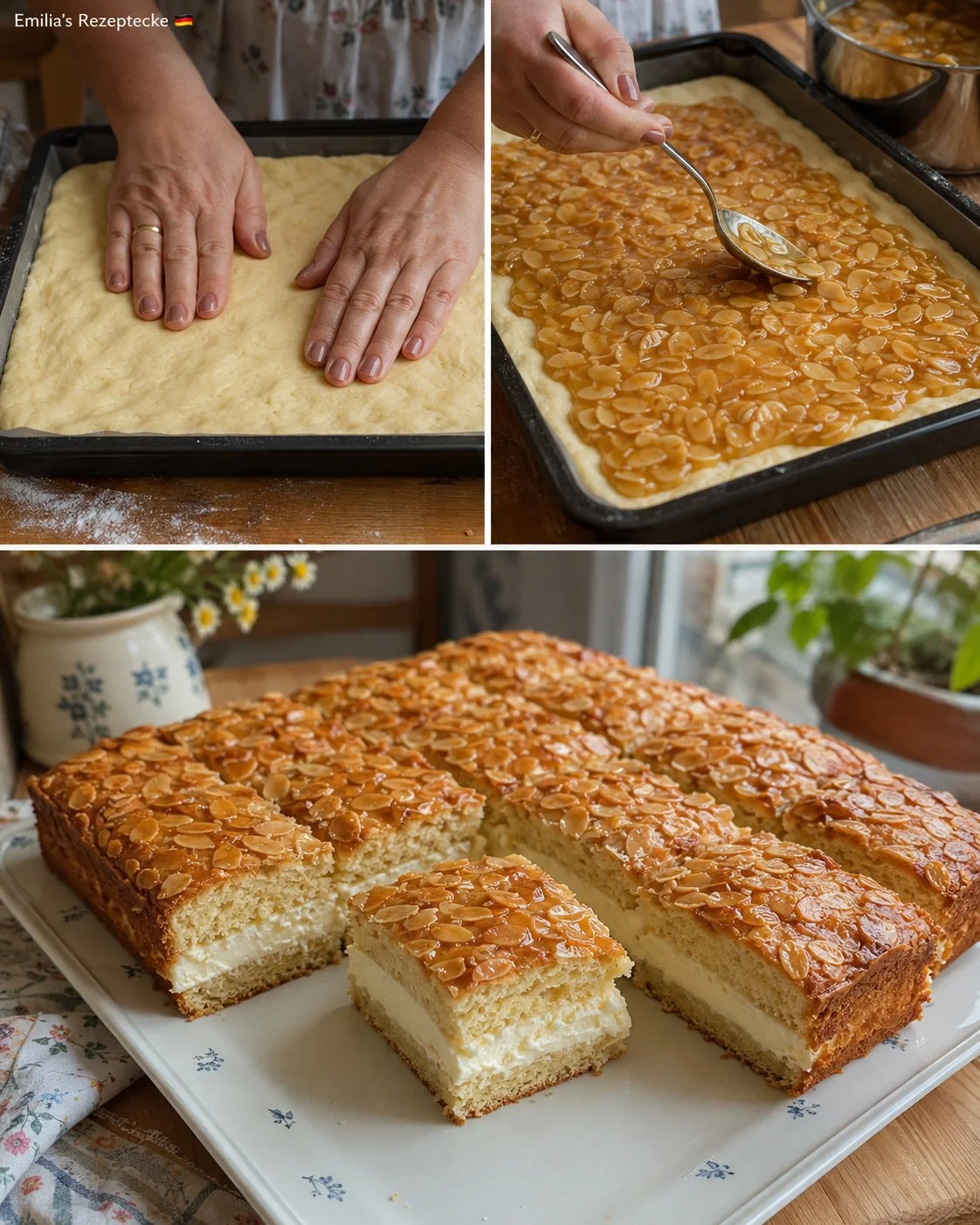 Bienenstich-Quark-Blechkuchen auf einem Teller, dekoriert mit Mandeln.