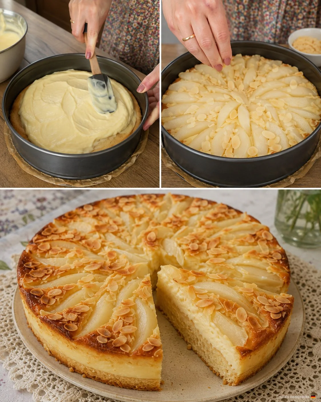 Birnen-Mandel-Puddingkuchen auf einem rustikalen Holzstuhl serviert