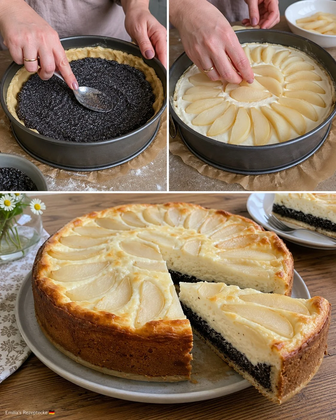 Birnen-Mohn-Quarkkuchen mit saftigen Birnen und aromatischem Mohn