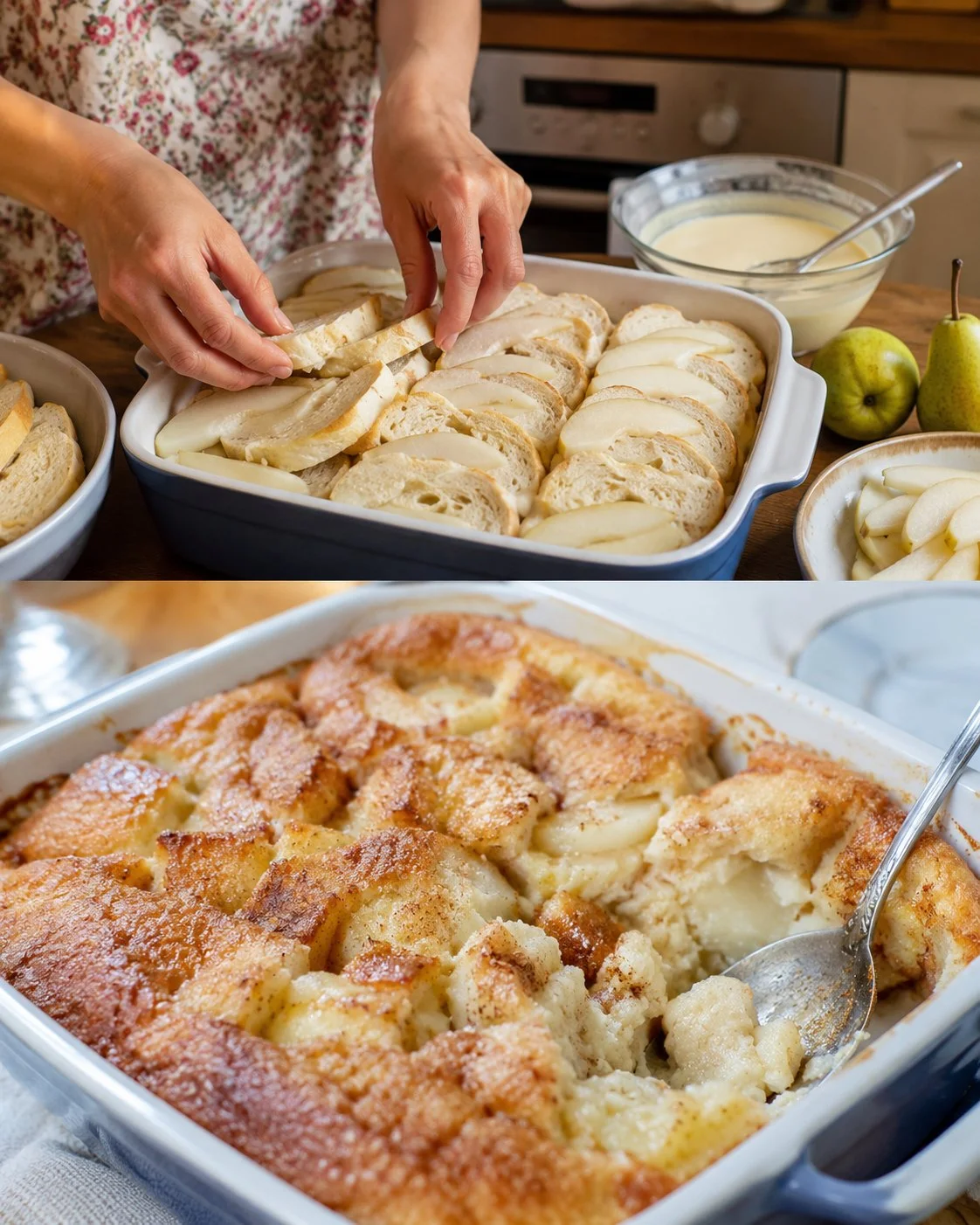 Birnen-Schlupfkuchen auf einem Teller, liebevoll dekoriert mit frischen Birnen.